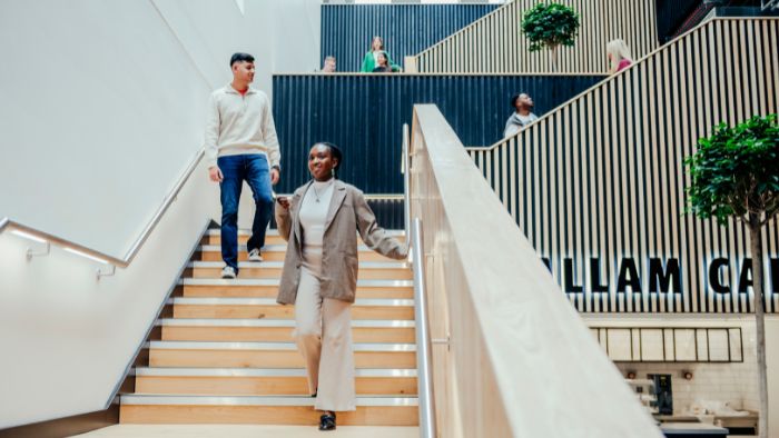 Students walking down the stairs into the Central Hubs