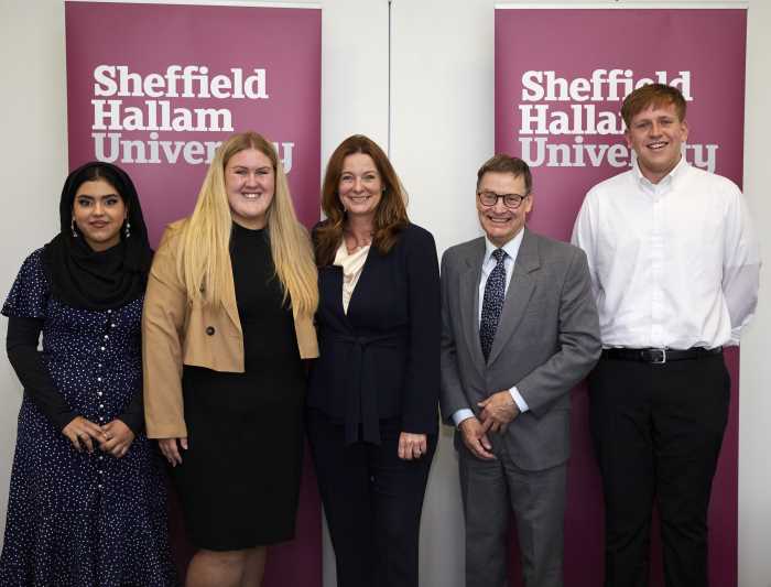 Image shows three degree apprentices and the Vice-Chancellor, Chris Husbands, standing with the Secretary of State for Education, Gillian Keegan MP. They are all looking at the camera and smiling.