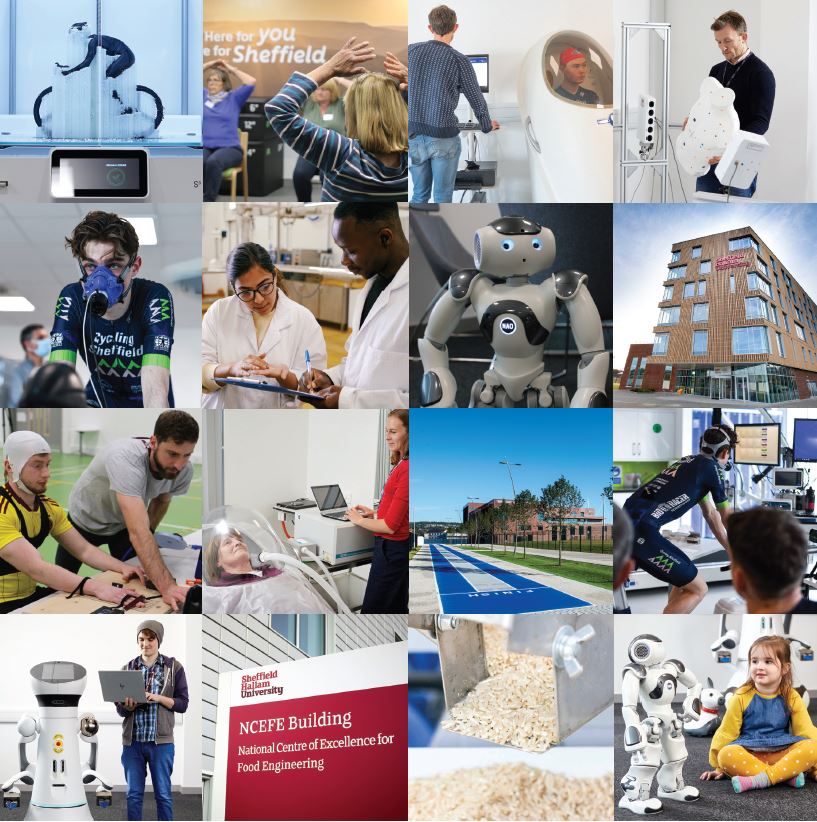 Image shows a collage of photos depicting health and innovation. It includes a bicycle, robots, a running track and some food.