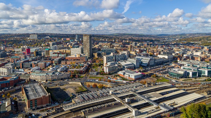 An overhead view of Sheffield including the Sheffield Hallam city campus
