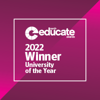 Image shows a pink square. In white text it says Educate North Awards 2022 Winner University of the Year