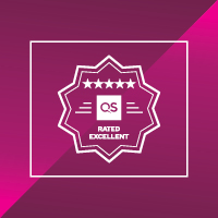 Purple square with white star and writing on shows that Sheffield Hallam was rated 5 stars excellent in the recent QS score