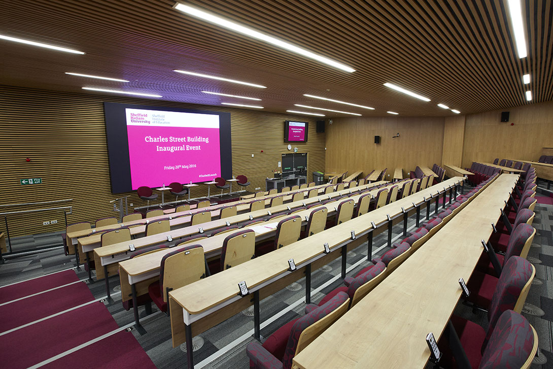 View of lecture theatre with large projection screen