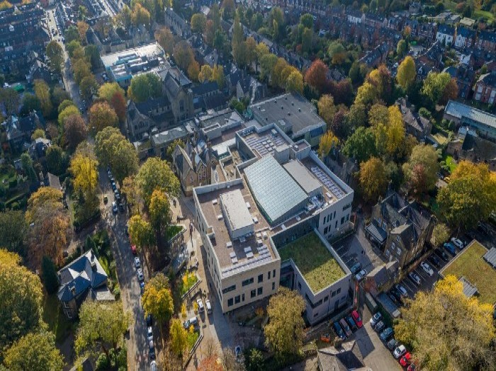Drone shot of collegiate campus