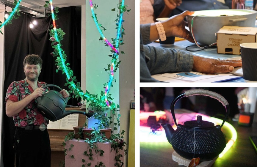 Collage showing a man watering plants with a large watering can, people taking part in a tabletop activity, and a black teapot surrounded by colourful lights.
