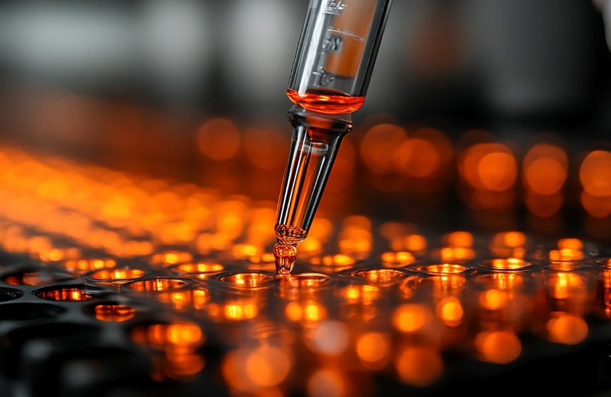 A pipette dropping liquid into a tray of vials