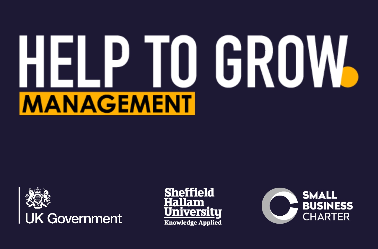 Dark blue graphic displaying Help to Grow Management logo, UK Government logo, Sheffield Hallam University logo and Small Business Charter logo