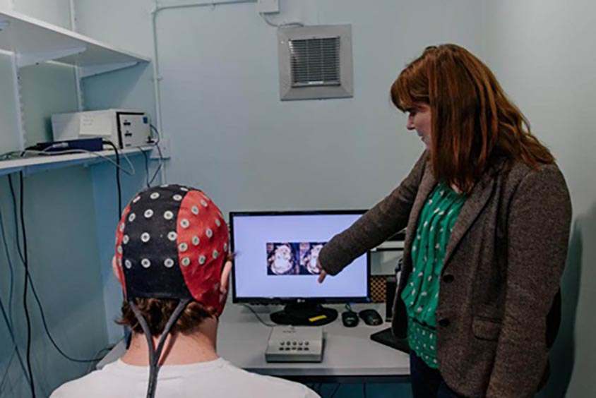 Women and man carrying out a psychology experiment 