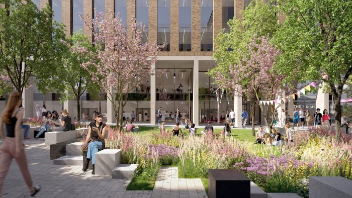 A mockup image showing students sat outside in the new Hallam Green development