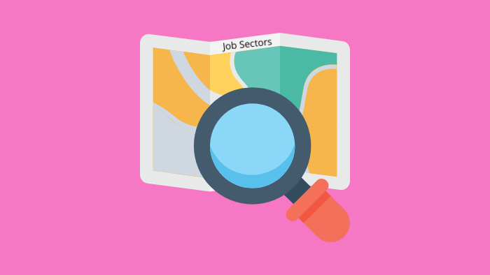 A magnifying glass searching a map, titled Job Sectors