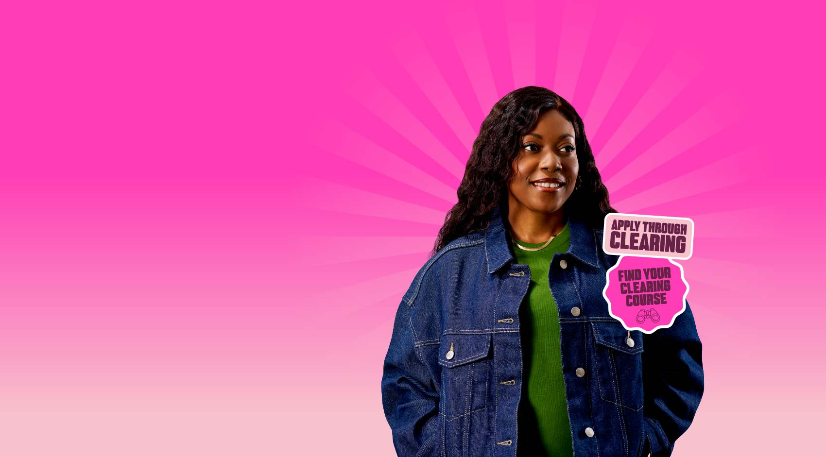 A person in a denim jacket stands in front of a bright pink background with text promoting clearing course applications