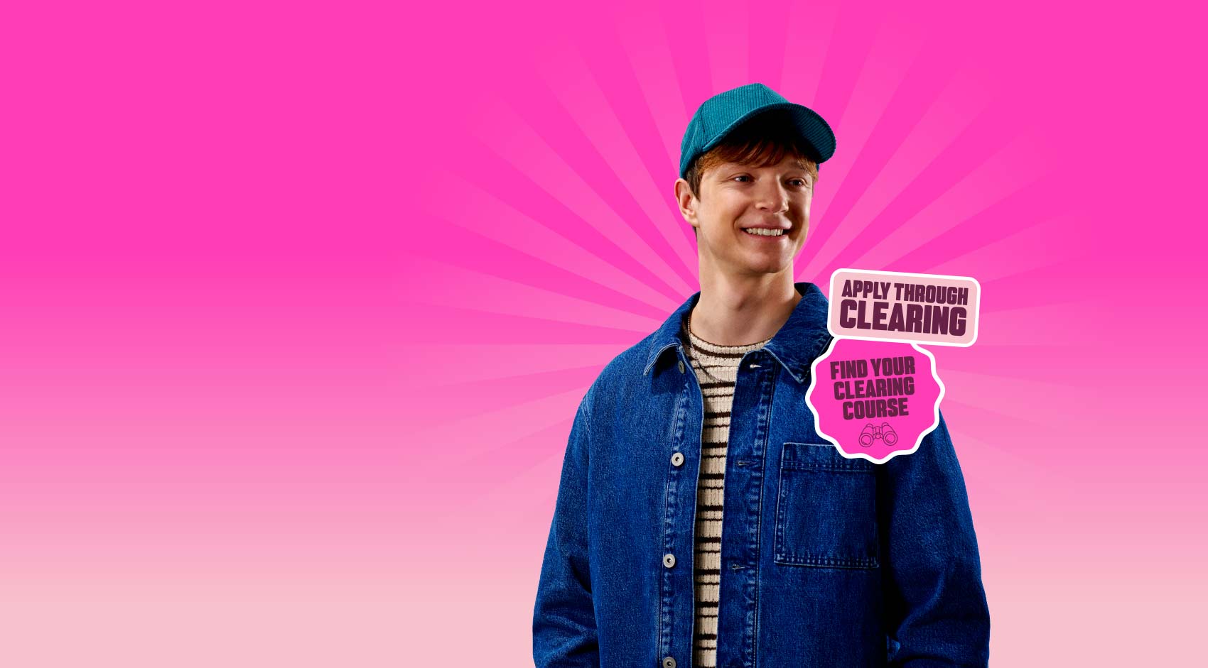 A person in a denim jacket stands against a bright pink background with text about clearing course applications.