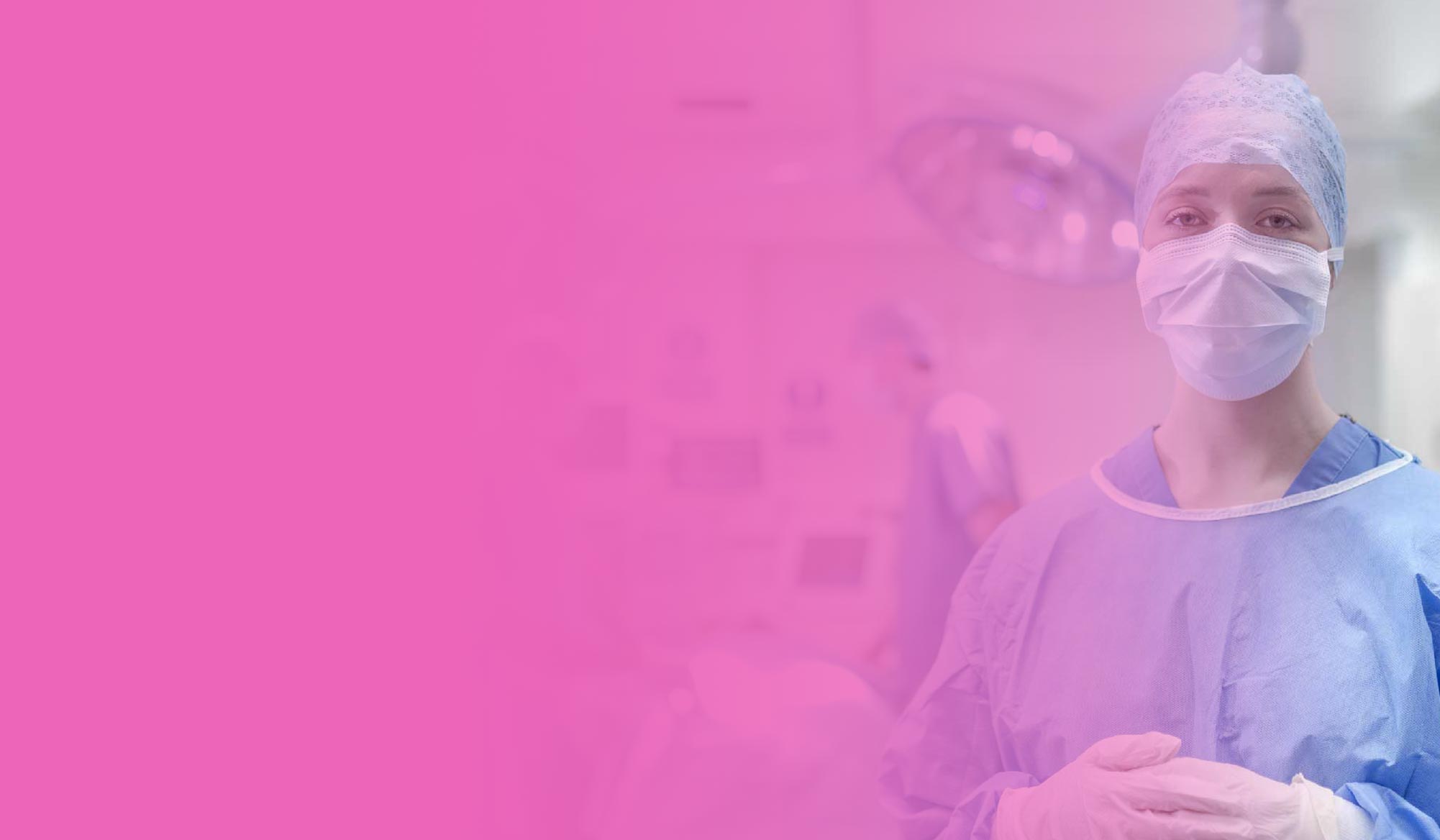 An operating department practice student wearing scrubs in an operating room, against a pink gradient background