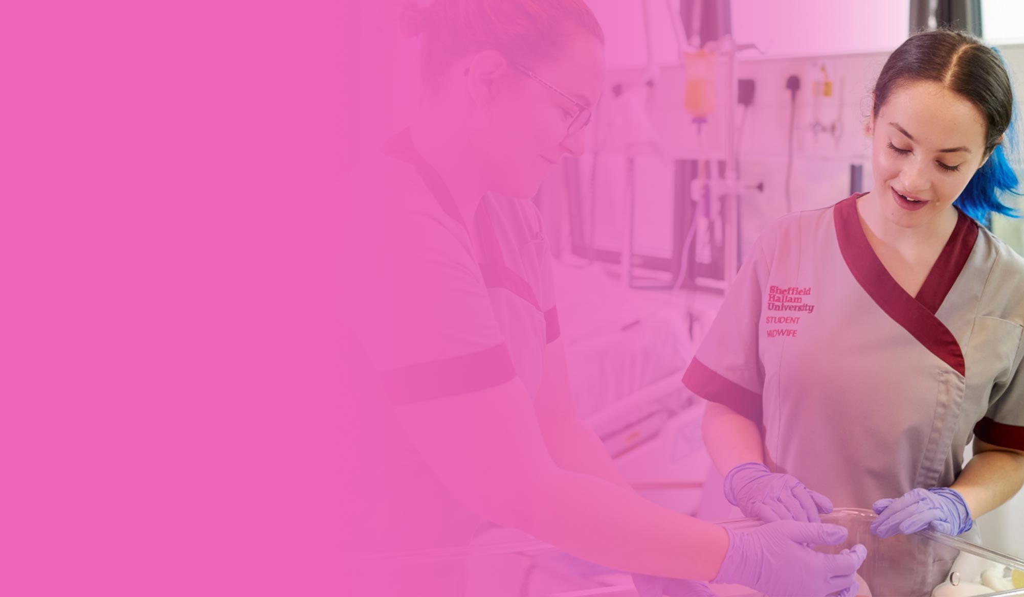 Healthcare student in uniform looking after a baby in a maternity ward, against a pink gradient background