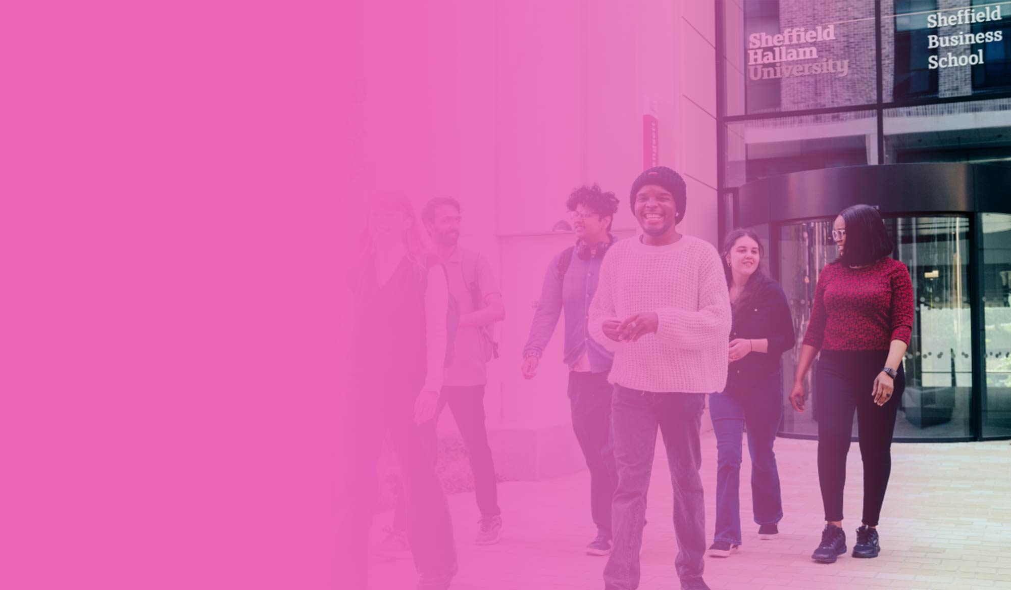 Students walking outside of Sheffield Hallam's business school, against a pink gradient background