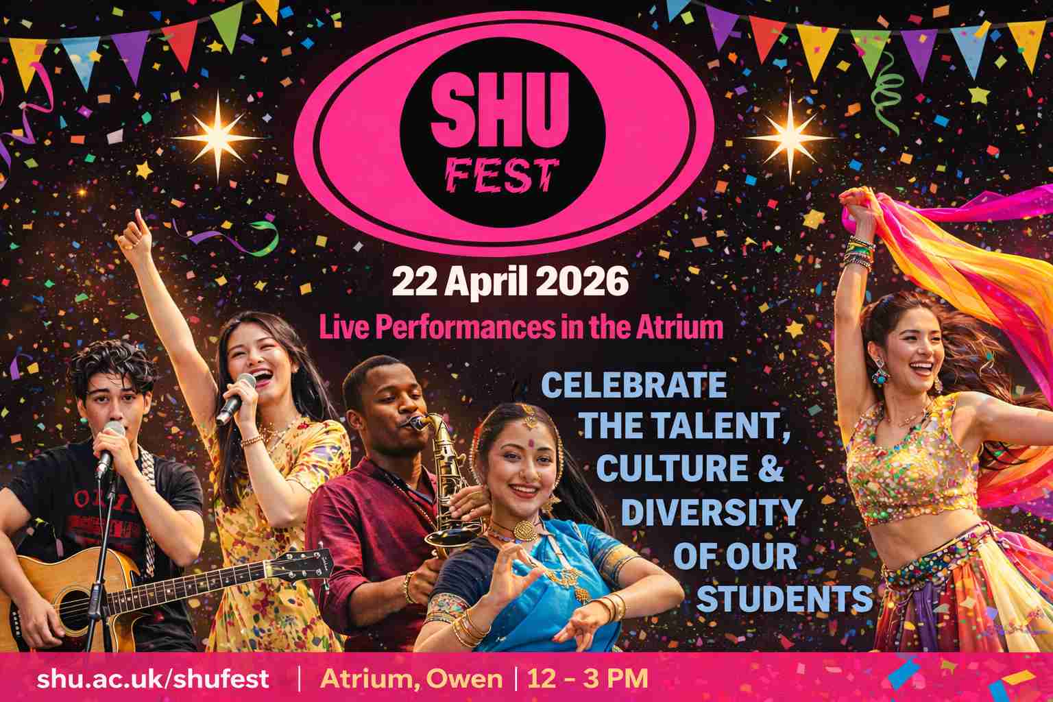 Poster with SHU Fest 2026 event details and 5 students performers