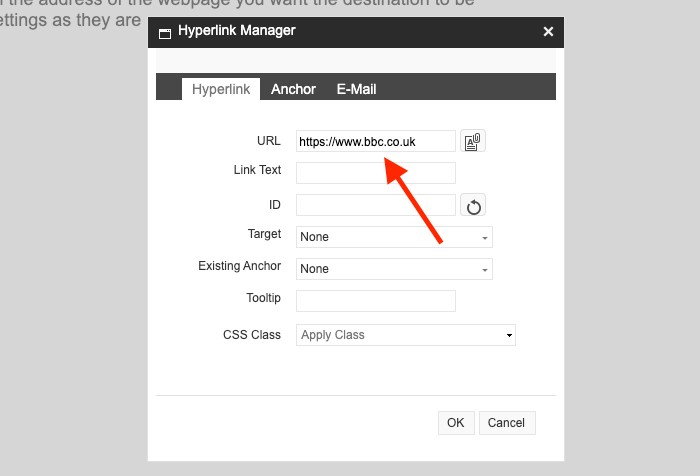 The URL field in the Hyperlink manager