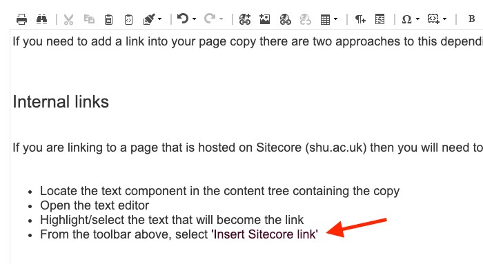 A screenshot showing a completed internal sitecore link in place