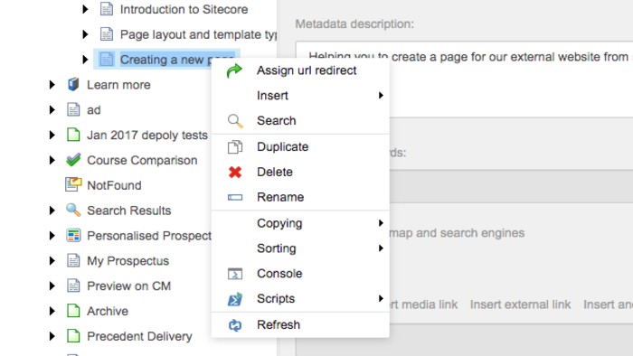 Displayed menu when you right-click on a content page in Sitecore with the 'insert' option