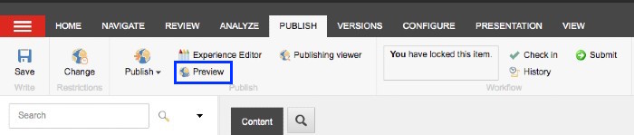 The 'publish' tab in the content editor with the 'preview' button highlighted