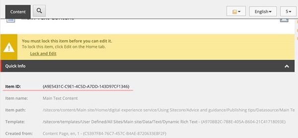 A screenshot displaying an item ID on the Sitecore CMS system