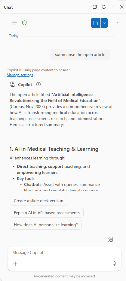 image showing a summary of the open article in Copilot