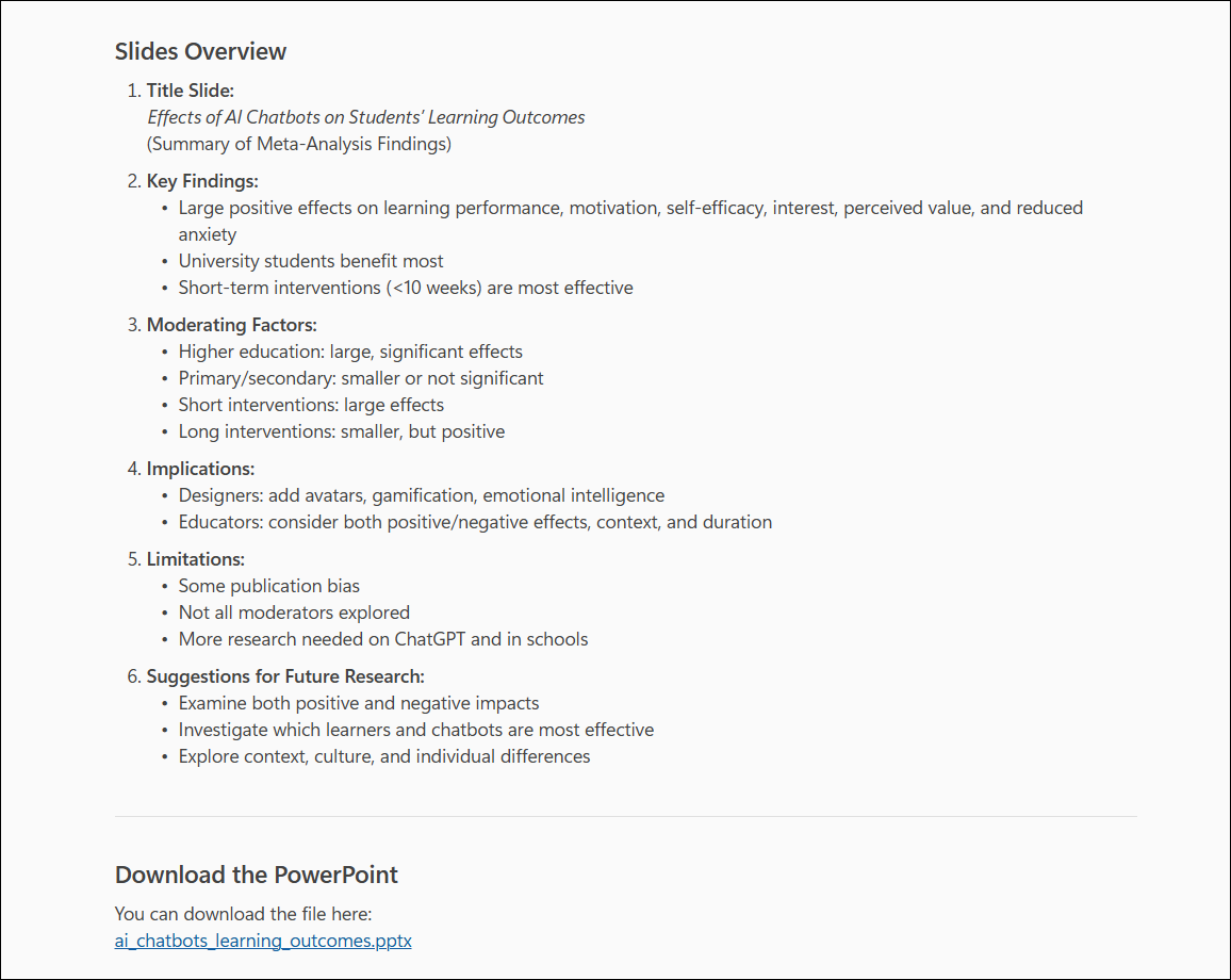 image showing a link to the Copilot generated slideshow and a breakdown of the content