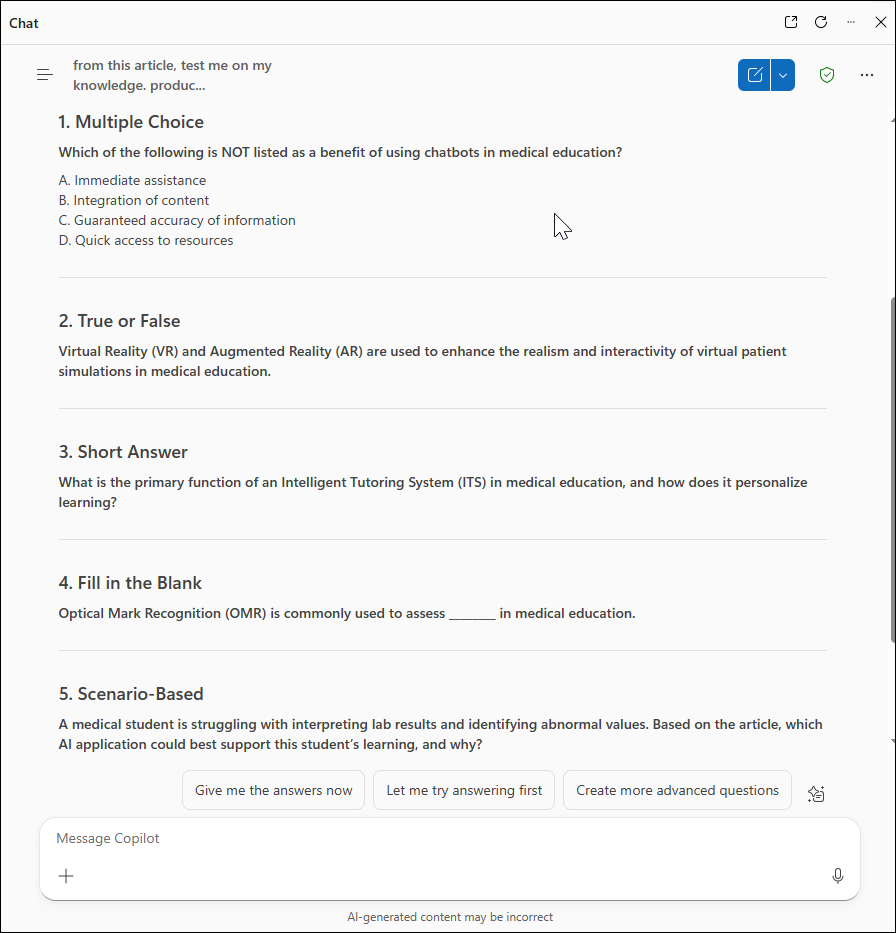 image showing the generated quiz in Copilot