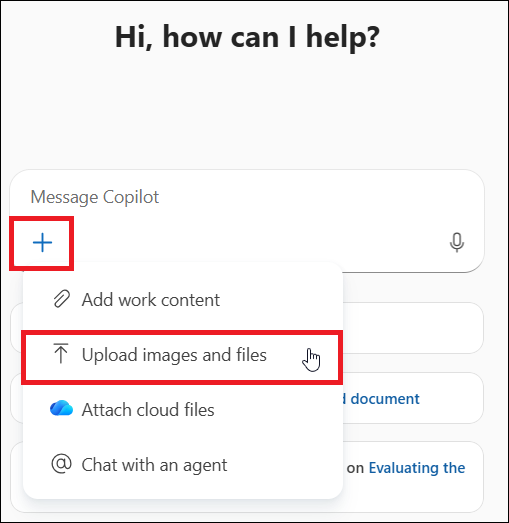 image showing the buttons to click to upload content into Copilot