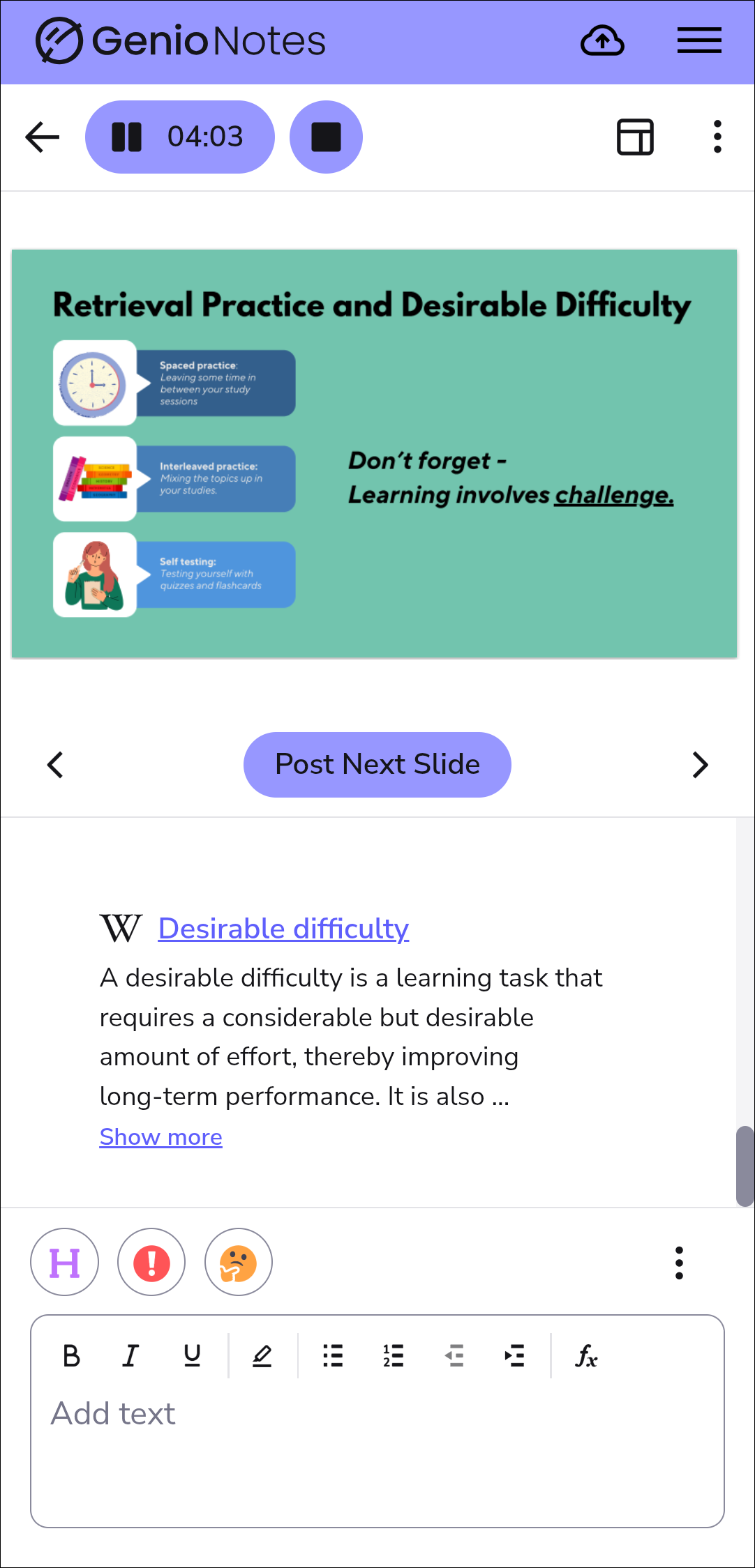 image showing a definition that has been added to the notes feed in Genio