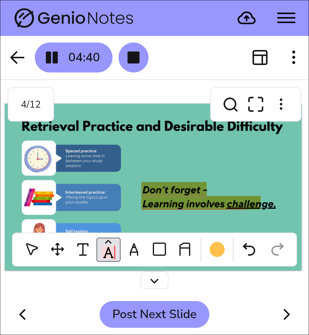 image showing the slide annotation toolbar in Genio mobile