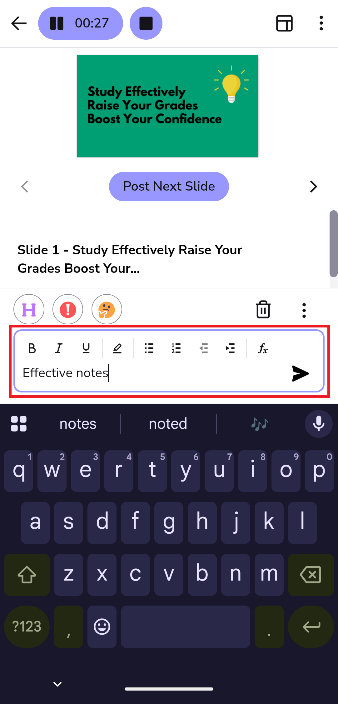 image highlighting the text notes box in Genio mobile