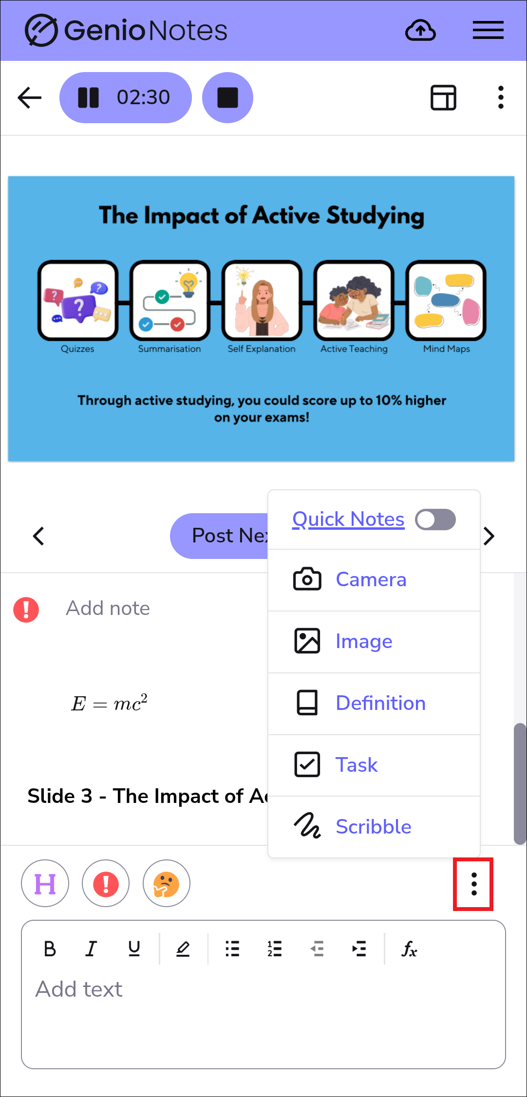 image showing the menu for adding more annotations in Genio mobile