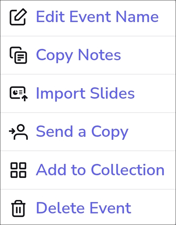 screenshot of menu on mobile app before adding slides and naming event