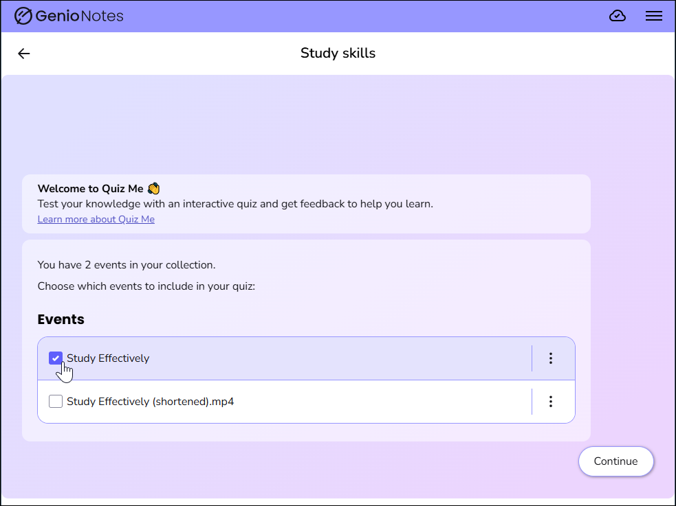 quiz me screen showing events to select