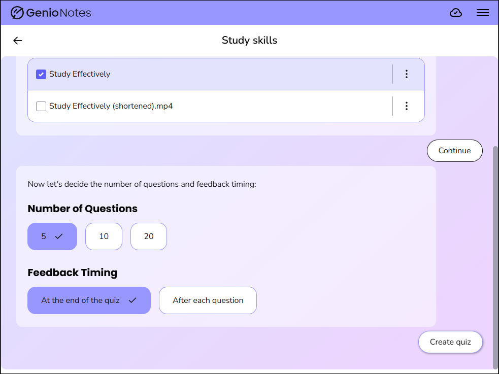 quiz me options for choosing the number of questions and feedback style