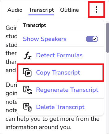 image of the transcription options menu where you can copy and delete the transcript