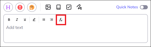 image showing the insert formula icon found in the text note panel