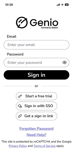 Screenshot of Genio mobile app start screen