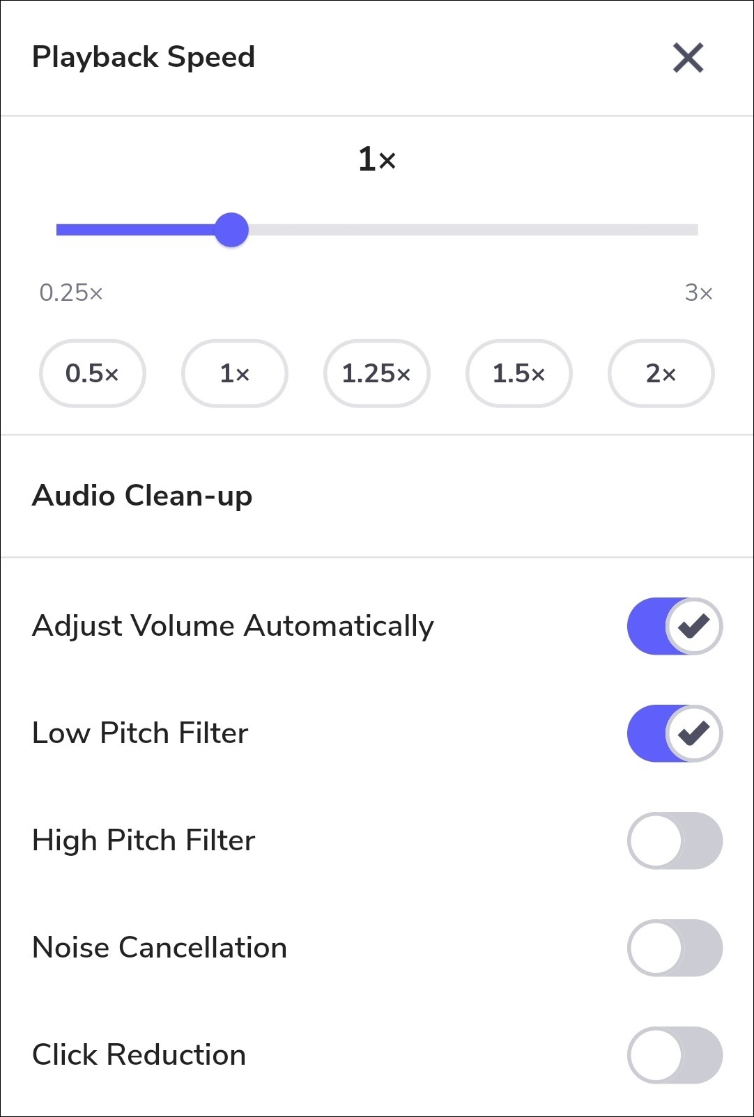 showing playback speed options of 0.5x, 1x, 1.25x, 1.5x and 2x and audio clean up functions