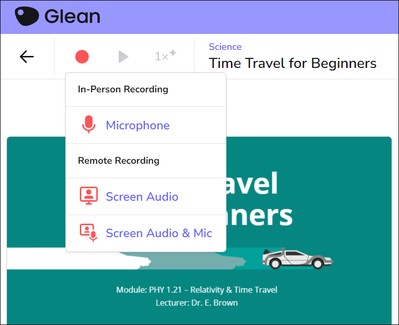 menu showing recording options