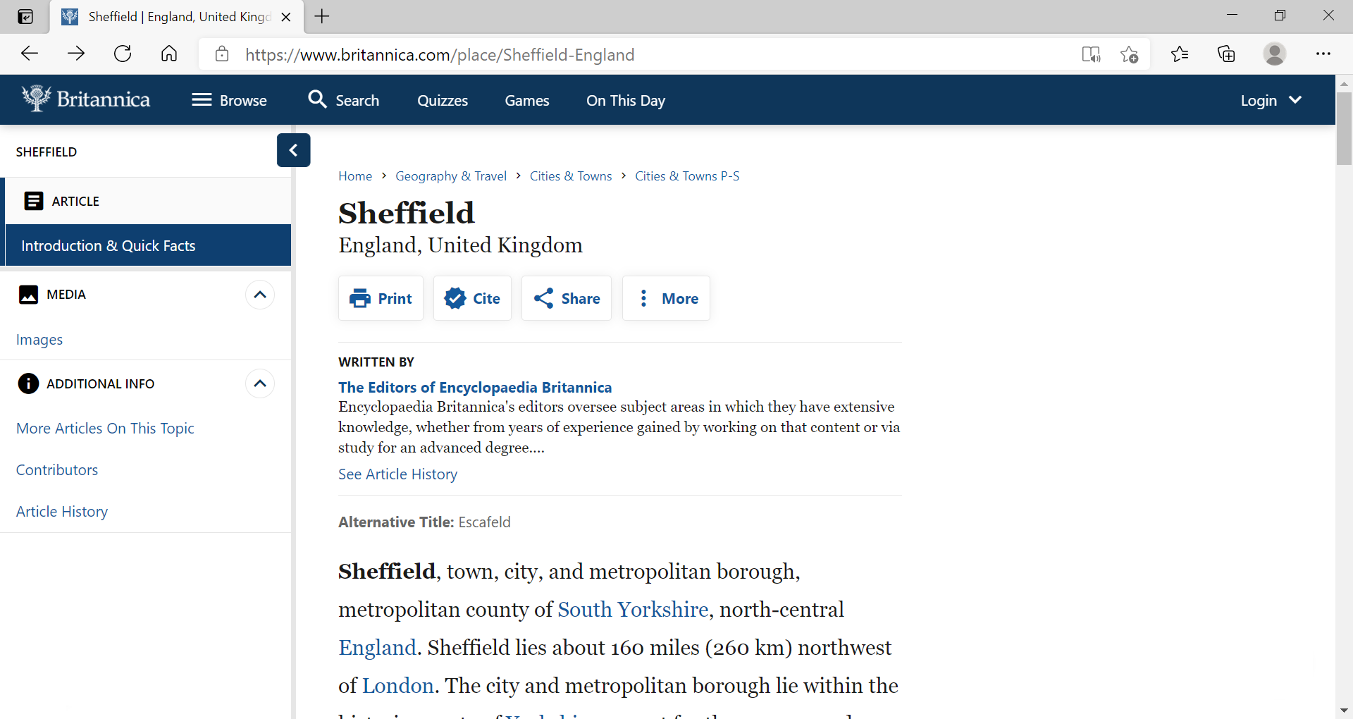 Britannica webpage on the history of Sheffield 