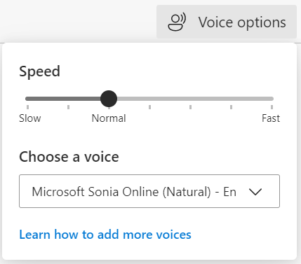 The voice options/settings menu in Microsoft Edge