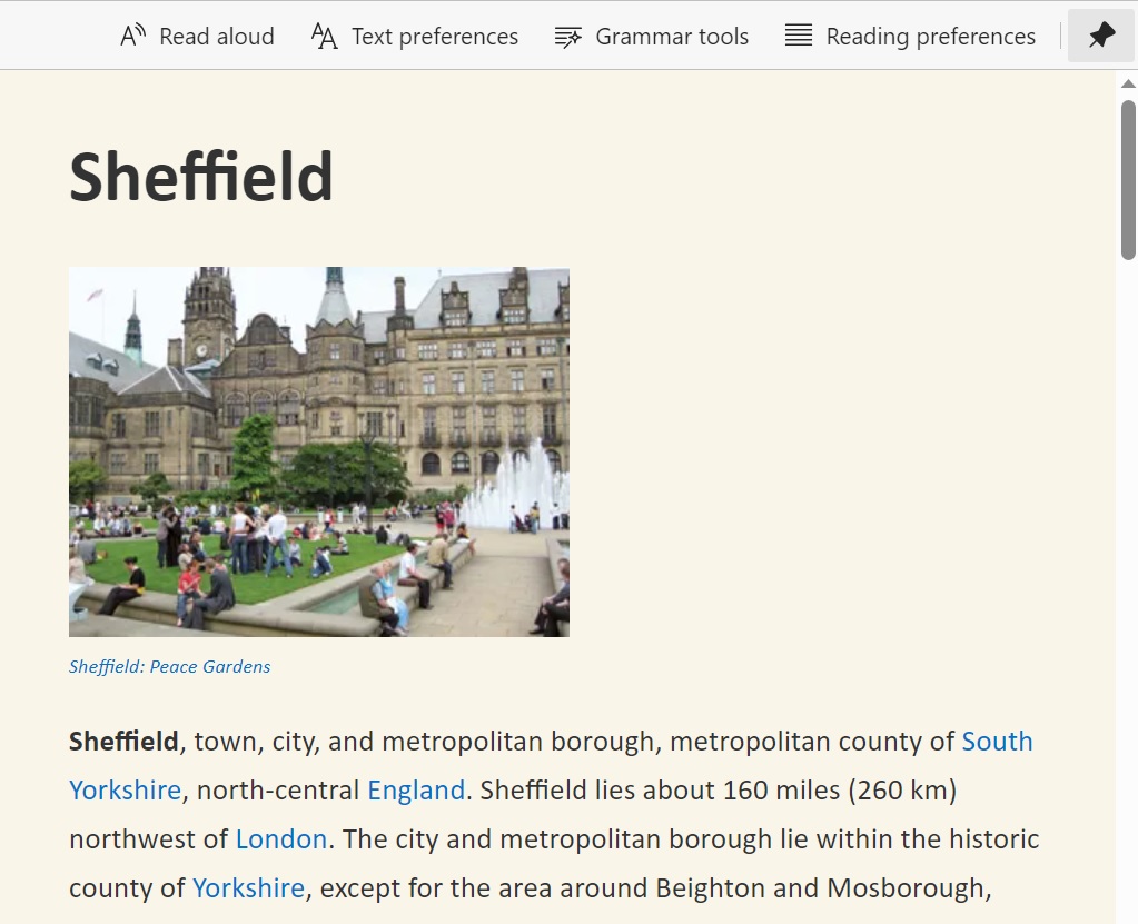 Britannica Sheffield history page displayed in the Edge immersive reader