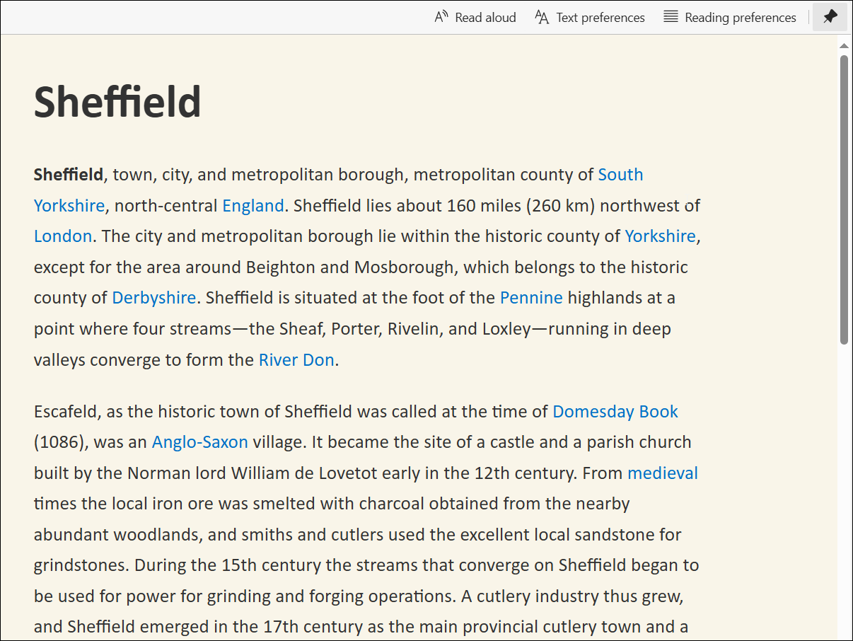 Britannica Sheffield history page displayed in the Edge immersive reader