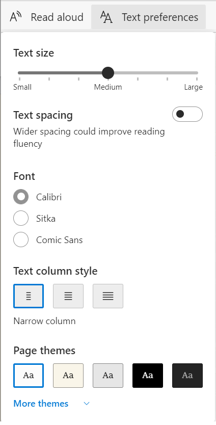 Text Preferences menu in Immersive Reader, Edge