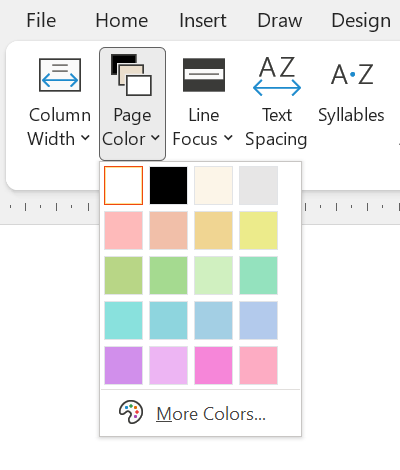 Page Color menu in Immersive Reader, Word