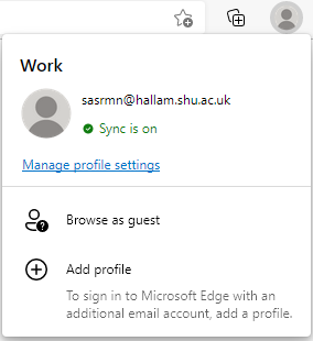 Edge account screen, with sync turned on