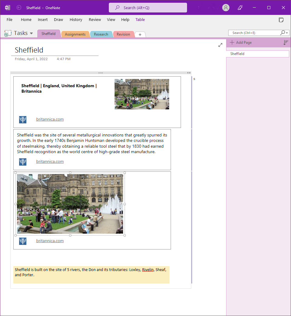 Collection exported to OneNote (desktop app)