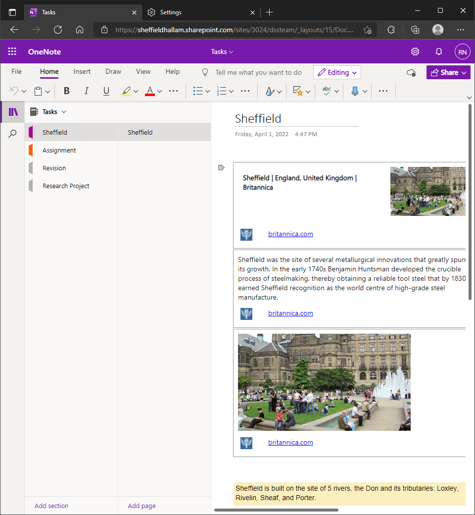 Collection exported to OneNote (web)